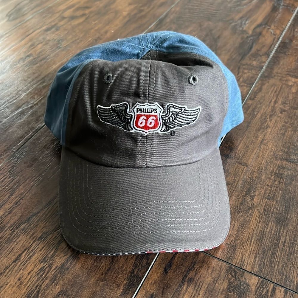 Phillips 66 Strapback Baseball Hat embroidered logo nwot grey and blue